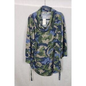 Live Well Lifestyle Women Camo Cowl Neck Tie Sleeve Tunic Top Plus 26 28 Casual
